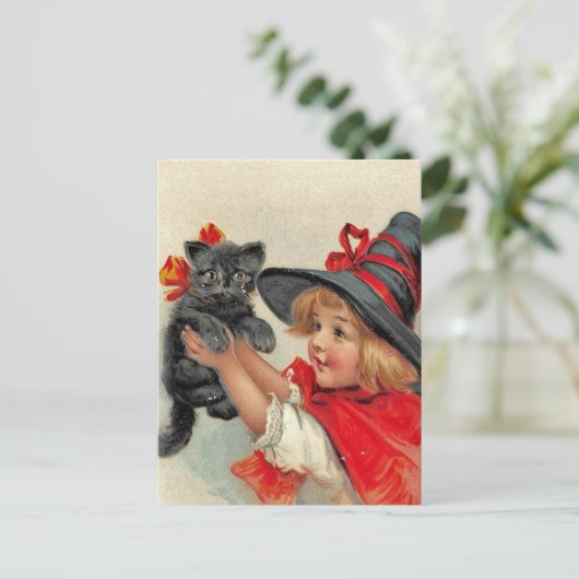 ヴィンテージのハロウィンの郵便はがき-女の子及び黒猫 シーズンポストカード (スタンド正面)