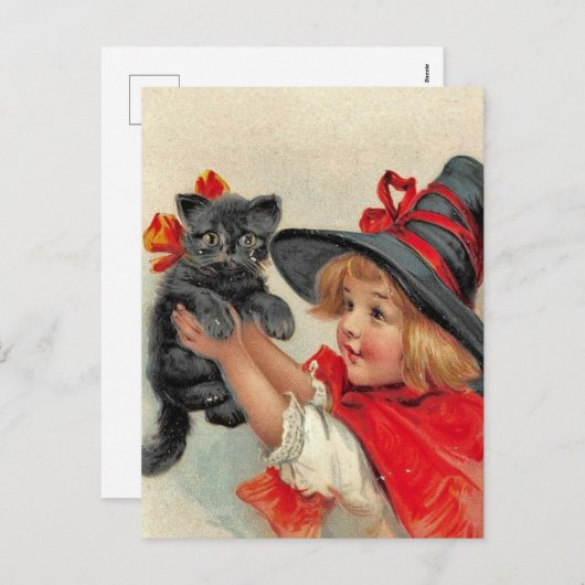 ヴィンテージのハロウィンの郵便はがき-女の子及び黒猫 シーズンポストカード (正面/裏面)