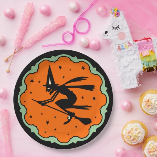 ヴィンテージのハロウィンの飛んでいるな魔法使いのプレート ペーパープレート (パーティー)