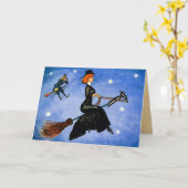 ヴィンテージのハロウィンの飛んでいるな魔法使いカード カード (黄色い花)