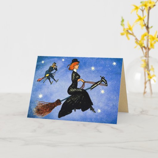 ヴィンテージのハロウィンの飛んでいるな魔法使いカード カード (黄色い花)