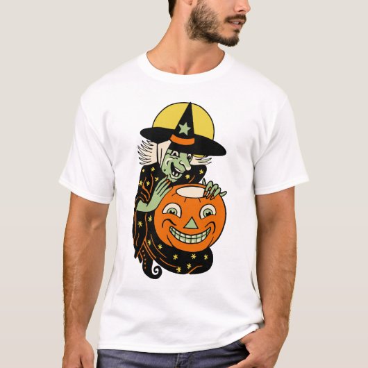 ヴィンテージのハロウィンの魔法使いおよびジャックO'Lanternのワイシャツ Tシャツ (正面)