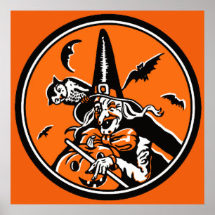 ヴィンテージのハロウィンの魔法使いおよびフクロウのイラストレーション ポスター