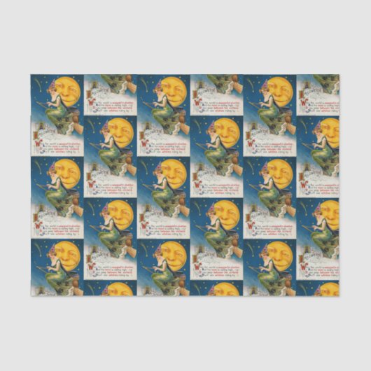 ヴィンテージのハロウィンの魔法使いの月によってタイルを張られるパーティーのティッシュ 薄葉紙 (正面)