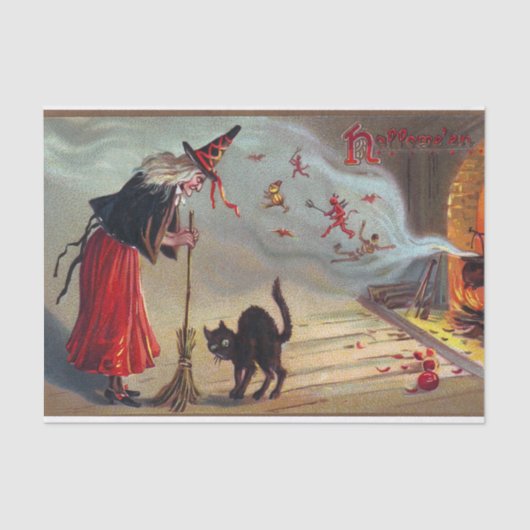 ヴィンテージのハロウィンの魔法使いの黒猫のパーティーのティッシュ 薄葉紙 (正面)