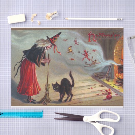 ヴィンテージのハロウィンの魔法使いの黒猫のパーティーのティッシュ 薄葉紙 (クラフト)