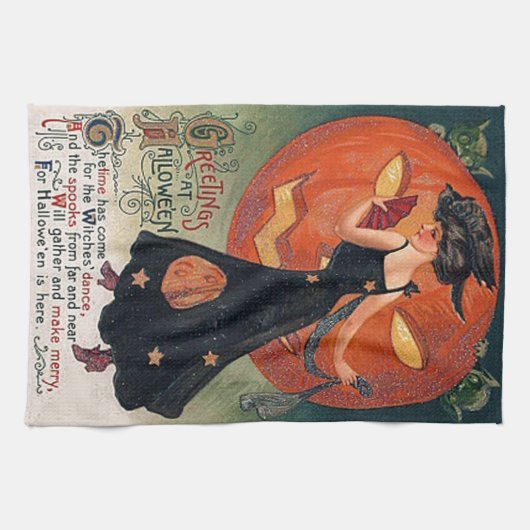 ヴィンテージのハロウィンの魔法使い及びカボチャ キッチンタオル (横)