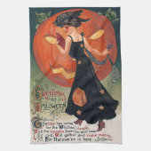 ヴィンテージのハロウィンの魔法使い及びカボチャ キッチンタオル (縦)