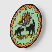 ヴィンテージのハロウィンの黒猫およびお化け屋敷 ラージ壁時計 (傾斜)