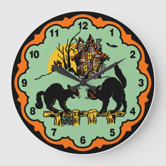 ヴィンテージのハロウィンの黒猫およびお化け屋敷 ラージ壁時計 (正面)