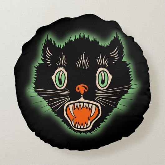 ヴィンテージのハロウィンの黒猫のデザインの枕 ラウンドクッション (裏面)