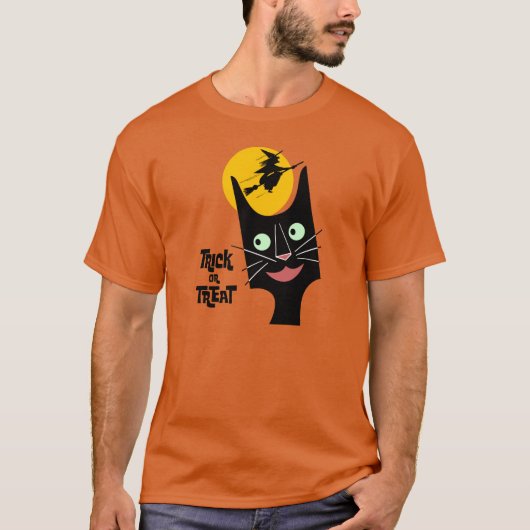 ヴィンテージのハロウィンの黒猫のトリック・オア・トリート Tシャツ (正面)