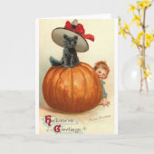 ヴィンテージのハロウィンの黒猫の挨拶状 カード (黄色い花)