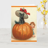 ヴィンテージのハロウィンの黒猫の魔法使いの帽子のカボチャベビー カード (黄色い花)