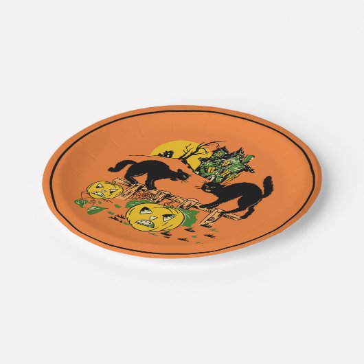 ヴィンテージのハロウィンの黒猫及びお化け屋敷 ペーパープレート (アングル)