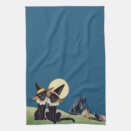 ヴィンテージのハロウィンの黒猫 キッチンタオル (縦)