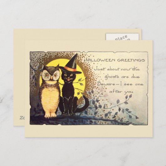 ヴィンテージのハロウィン ポストカードの猫とフクロウ ポストカード (正面/裏面)