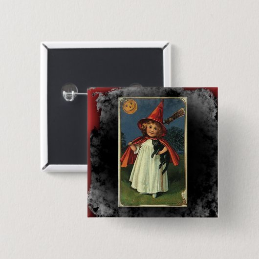ヴィンテージのハロウィーンの魔女エリーの背景 缶バッジ (正面&裏面)
