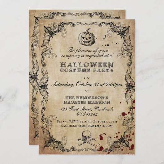ヴィンテージのハロウィーン衣装パーティの招待状 (正面/裏面)