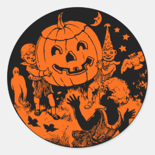 ヴィンテージのハローウィンパーティの子供及びジャックO'Lantern ラウンドシール