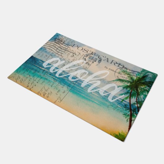 ヴィンテージのハワイのヤシの木の郵便はがき ドアマット (アングル)