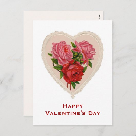 ヴィンテージのハートおよびバラのバレンタインデーの郵便はがき シーズンポストカード (正面/裏面)