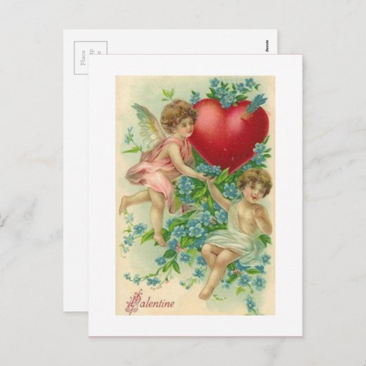 ヴィンテージのハートを保持しているビクトリアンなバレンタインの天使 シーズンポストカード (正面/裏面)