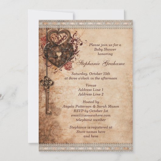 ヴィンテージのハートロックおよび主中立ベビーシャワー 招待状 (裏面)