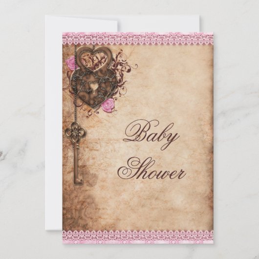 ヴィンテージのハートロックおよび鍵の女の子のベビーシャワー 招待状 (正面)