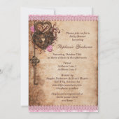 ヴィンテージのハートロックおよび鍵の女の子のベビーシャワー 招待状 (裏面)