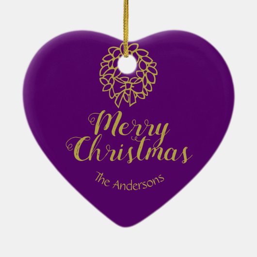 ヴィンテージのハート形の紫色のメリークリスマス セラミックオーナメント (裏面)