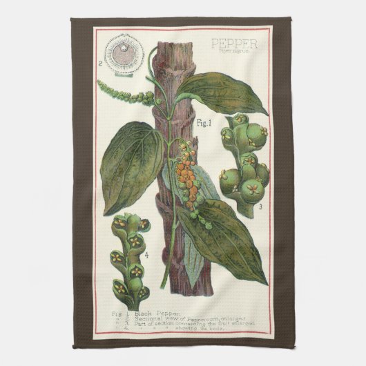 ヴィンテージのハーブ香辛料、黒胡椒の植物 キッチンタオル (縦)