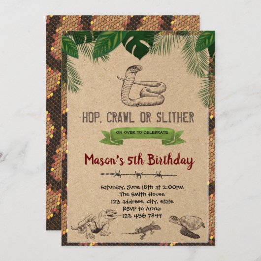 ヴィンテージのハ虫類の誕生日のパーティの招待状 招待状 (正面/裏面)