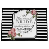 ヴィンテージのバラおよびストライプなブライダルシャワー ラージペーパーバッグ (正面)