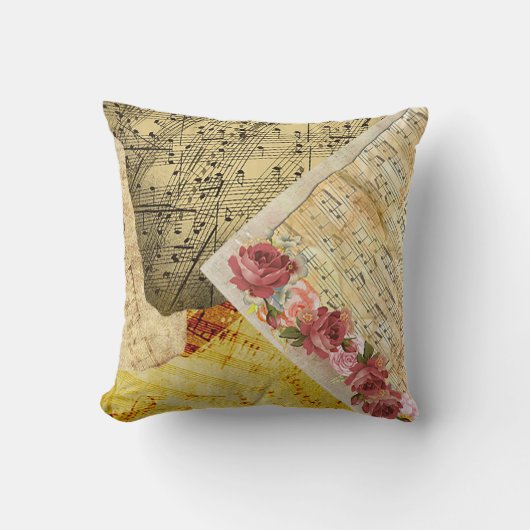 ヴィンテージのバラおよび音符の楽譜の枕 クッション (正面)