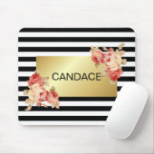 ヴィンテージのバラとの黒い及び白のストライプそして金ゴールド マウスパッド (マウス)