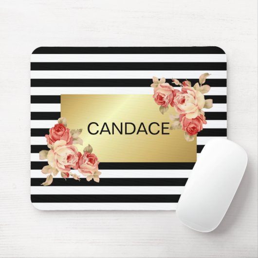 ヴィンテージのバラとの黒い及び白のストライプそして金ゴールド マウスパッド (マウス)