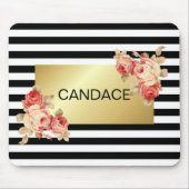 ヴィンテージのバラとの黒い及び白のストライプそして金ゴールド マウスパッド (正面)