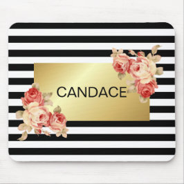 ヴィンテージのバラとの黒い及び白のストライプそして金ゴールド マウスパッド