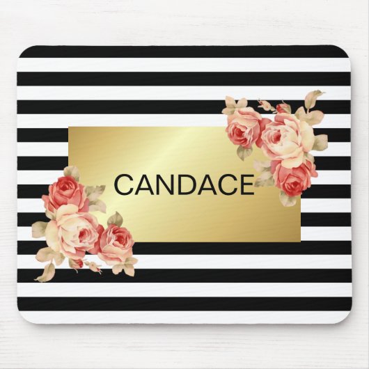 ヴィンテージのバラとの黒い及び白のストライプそして金ゴールド マウスパッド (正面)