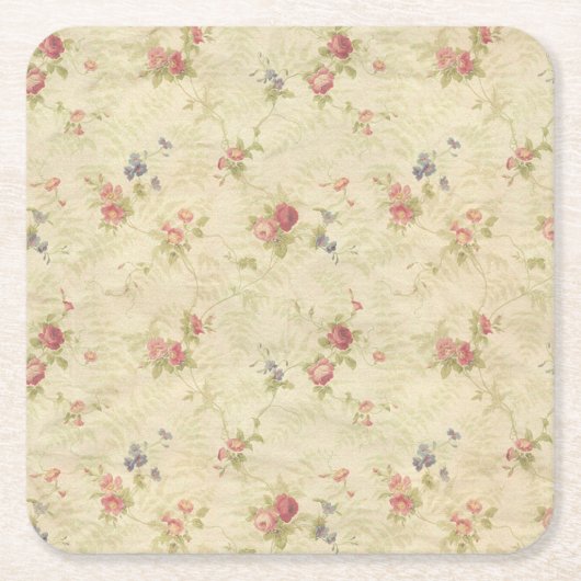 ヴィンテージのバラの古く動揺してな生地パターン スクエアペーパーコースター (正面)
