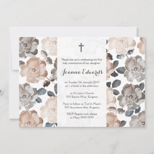 ヴィンテージのバラの最初聖餐の洗礼 招待状 (正面)