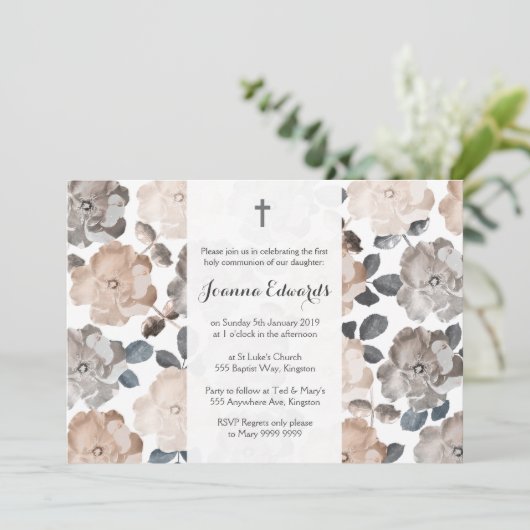 ヴィンテージのバラの最初聖餐の洗礼 招待状 (スタンド正面)