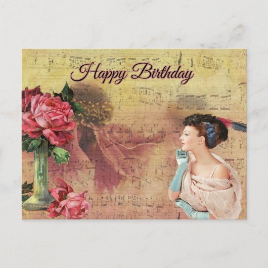 ヴィンテージのバラの誕生日おめでとう レディ  ポストカード (正面)