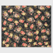 ヴィンテージのバラの黒いシェブロンパターン花柄 ラッピングペーパー (フラット)