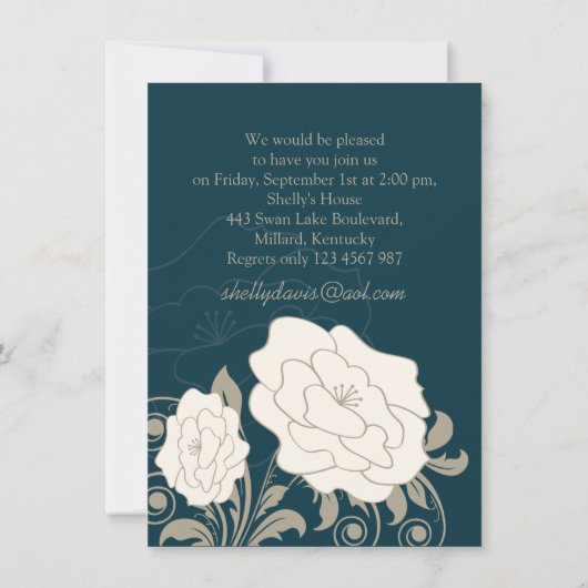 ヴィンテージのバラ、ティール(緑がかった色)のブライダルシャワーの渦巻 招待状 (裏面)