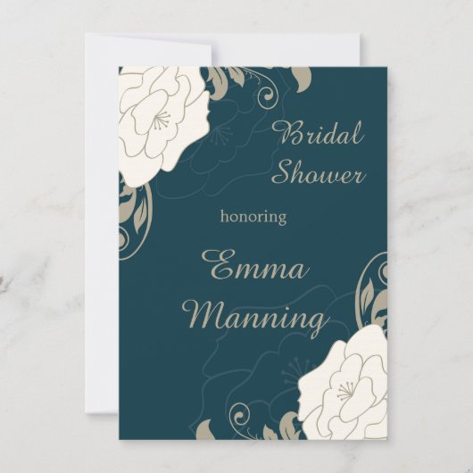 ヴィンテージのバラ、ティール（緑がかった色）のブライダルシャワーの渦巻 招待状 (正面)