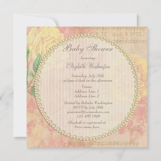 ヴィンテージのバラ、王冠及び音楽コラージュのベビーシャワー 招待状 (裏面)