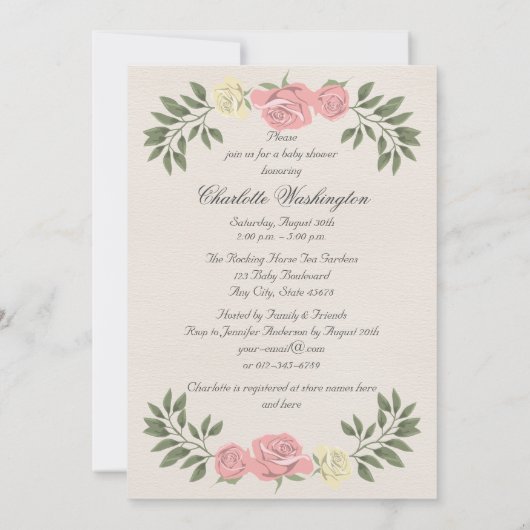 ヴィンテージのバレリーナのバラの月桂樹のベビーシャワー 招待状 (裏面)