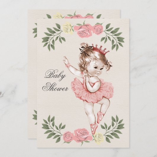 ヴィンテージのバレリーナのバラの月桂樹のベビーシャワー 招待状 (正面/裏面)